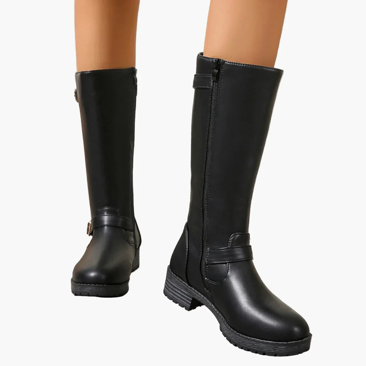 Ursula Schwarz Kniehohe Stiefel mit Schnalle für Damen | Leder-Optik Blockabsatz Reitstiefel-Look - EU 35-43