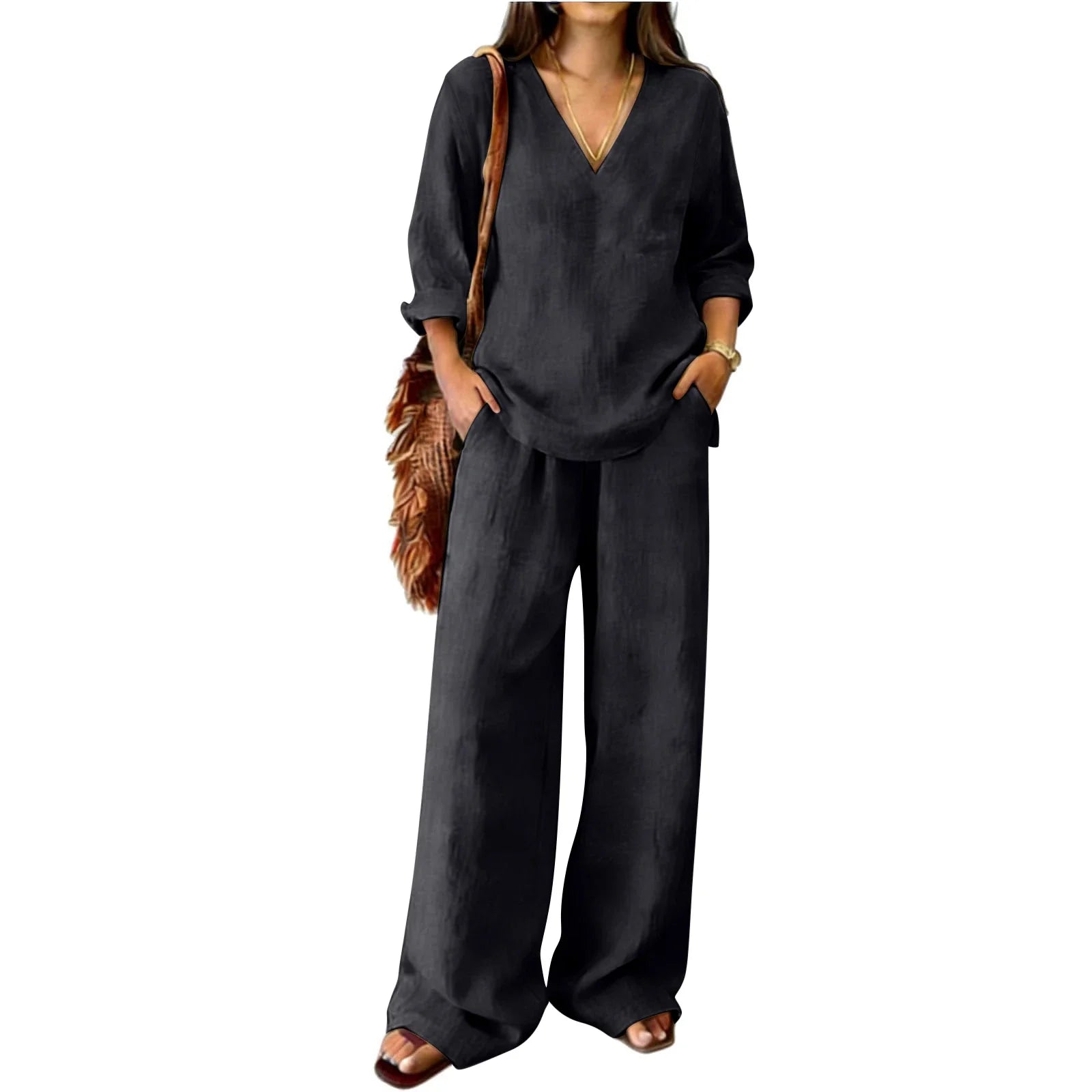 Susanne Khaki Leinen Zweiteiler V-Ausschnitt Tunika und Weithose für Damen | Eleganter Komfort | Sommerurlaub und Alltag - S-XXL