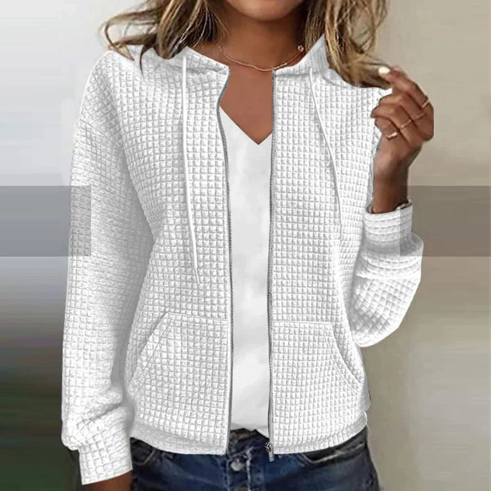 Vreni Rosa Waffelstruktur Kapuzenjacke mit Reissverschluss für Damen | Casual Alltag - S/M/L/XL/2XL