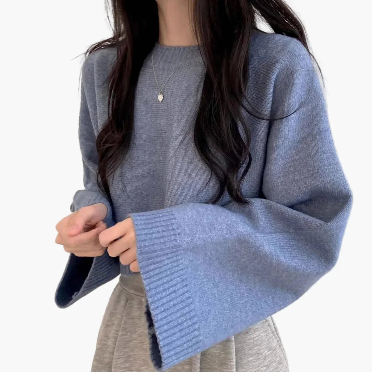 Beatrice Blau Oversized Cropped Strickpullover für Damen | Rundhalsausschnitt Casual Alltag - Einheitsgrösse