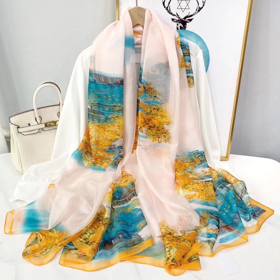Ursula Mehrfarbig Bedruckter Chiffon-Schal für Damen | Leichter Halstuch mit Kunstdruck-Muster - Einheitsgrösse