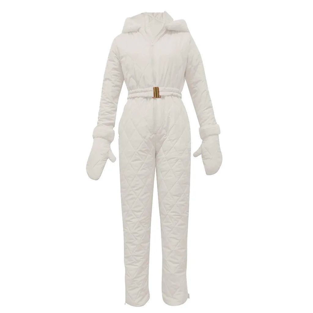 Käthe Gelb Gesteppter Winter-Jumpsuit mit Kapuze und Kunstfell für Damen | Einteilig mit Fäustlingen - S-5XL