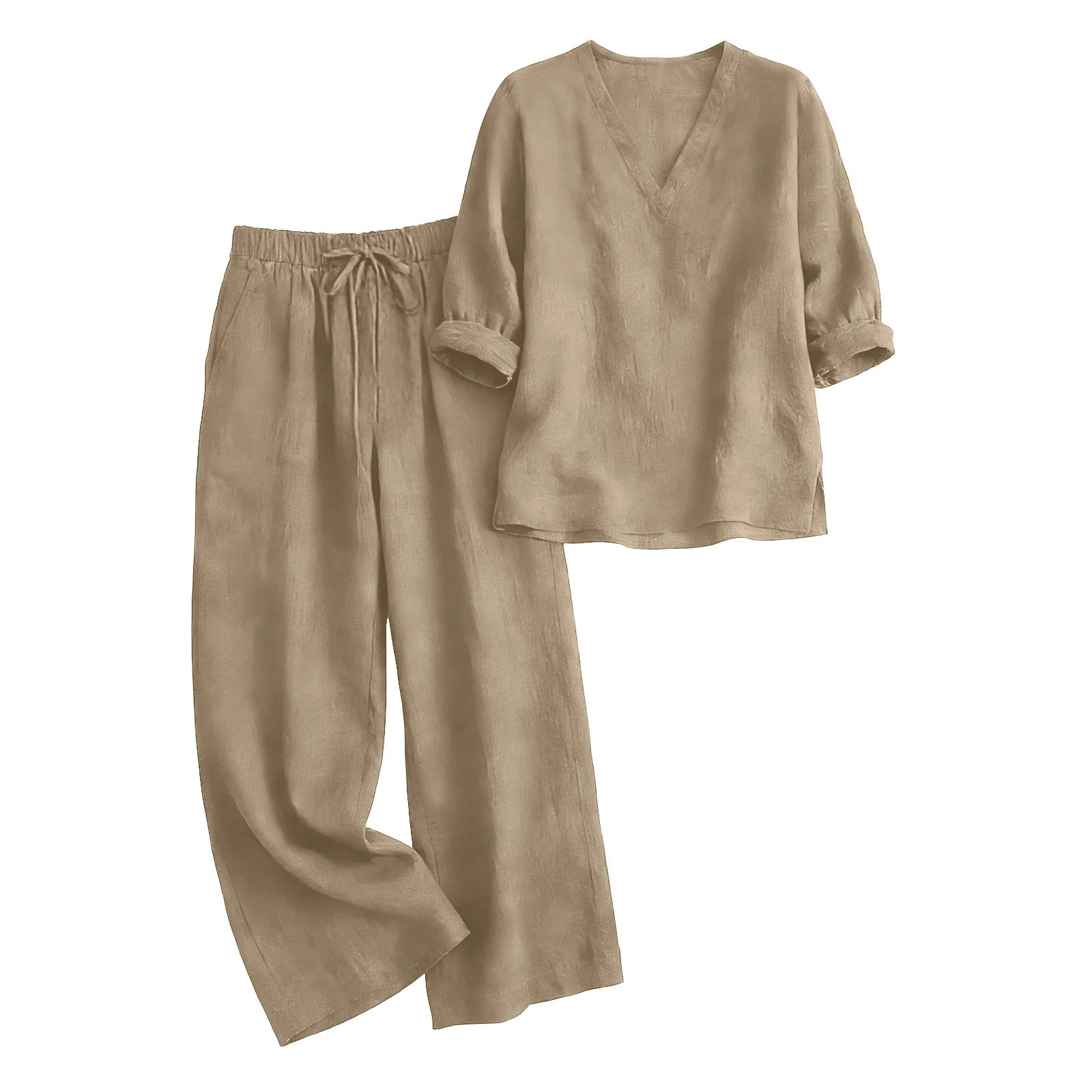 Susanne Khaki Leinen Zweiteiler V-Ausschnitt Tunika und Weithose für Damen | Eleganter Komfort | Sommerurlaub und Alltag - S-XXL