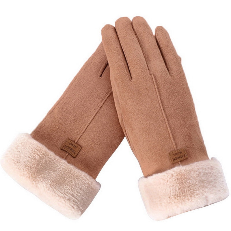 Beatrice Blau Wasserdichte Winterhandschuhe für Damen mit Kunstfell-Bündchen | Touchscreen-Funktion Veloursleder-Optik Casual