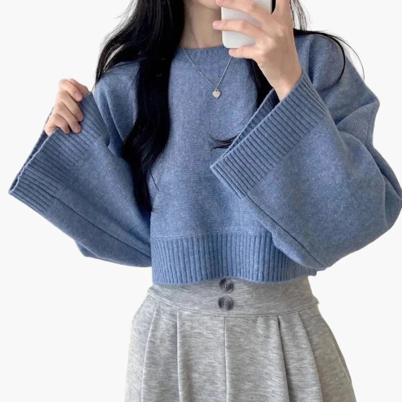 Beatrice Blau Oversized Cropped Strickpullover für Damen | Rundhalsausschnitt Casual Alltag - Einheitsgrösse