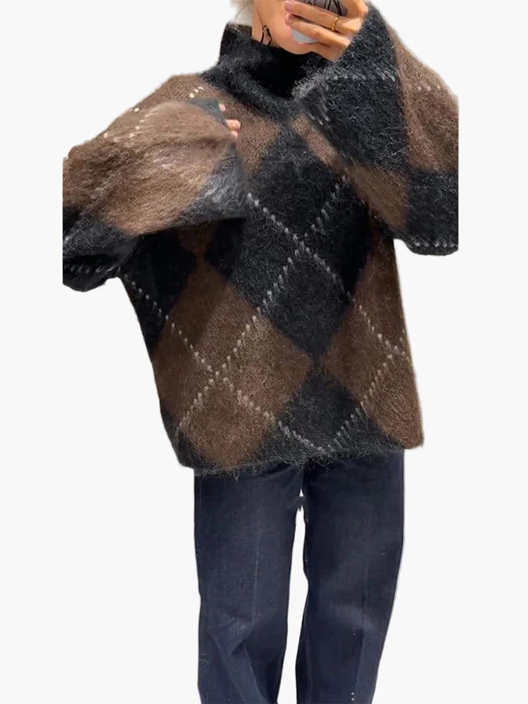 Monika Braun Oversized Argyle-Rautenmuster Flauschiger Pullover für Damen | Winter Casual Vintage Stil - S/M/L