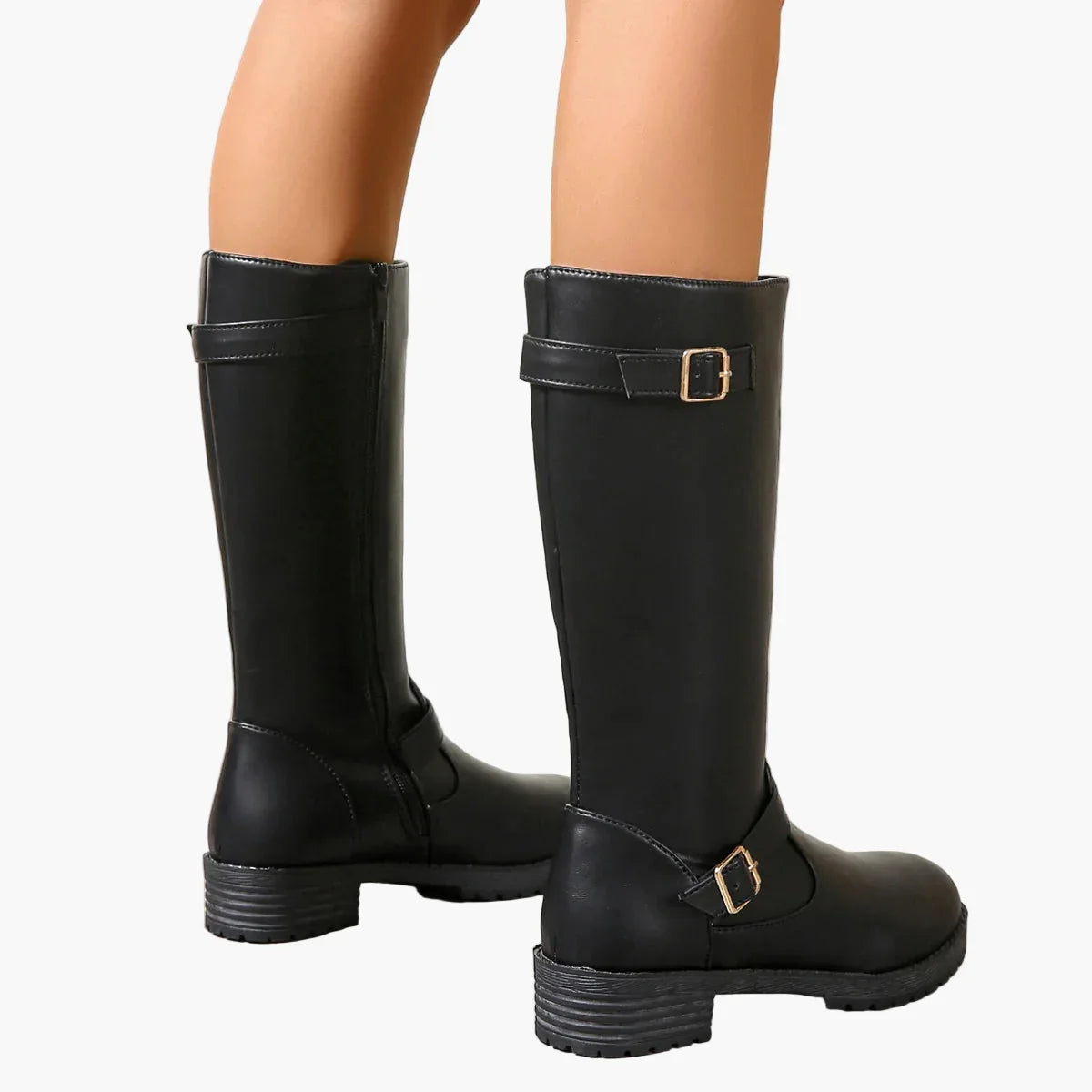 Ursula Schwarz Kniehohe Stiefel mit Schnalle für Damen | Leder-Optik Blockabsatz Reitstiefel-Look - EU 35-43
