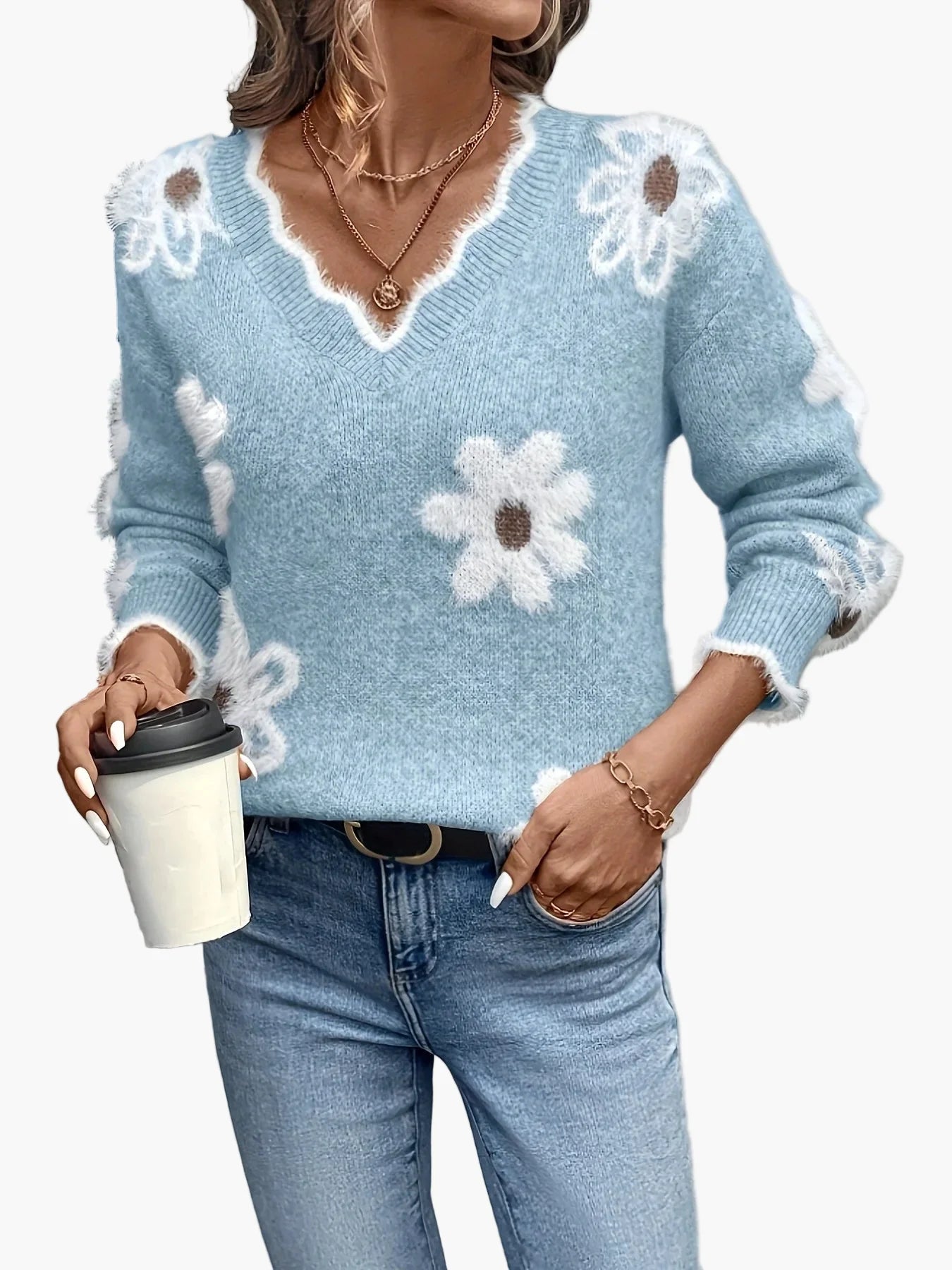Beatrix Armeegrün Geblümter Strickpullover mit V-Ausschnitt für Damen | Casual Blumenmuster Freizeit - S/M/L/XL/2XL