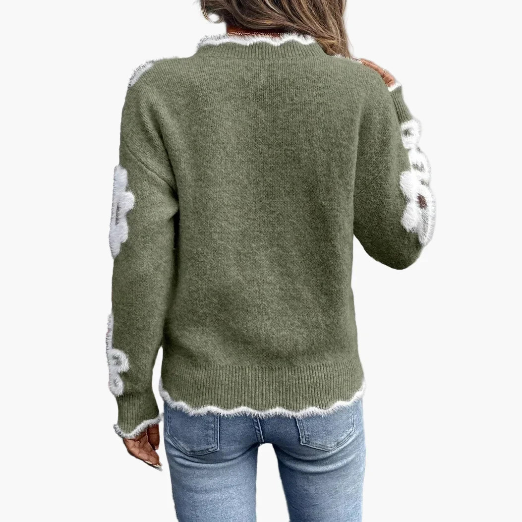 Beatrix Armeegrün Geblümter Strickpullover mit V-Ausschnitt für Damen | Casual Blumenmuster Freizeit - S/M/L/XL/2XL