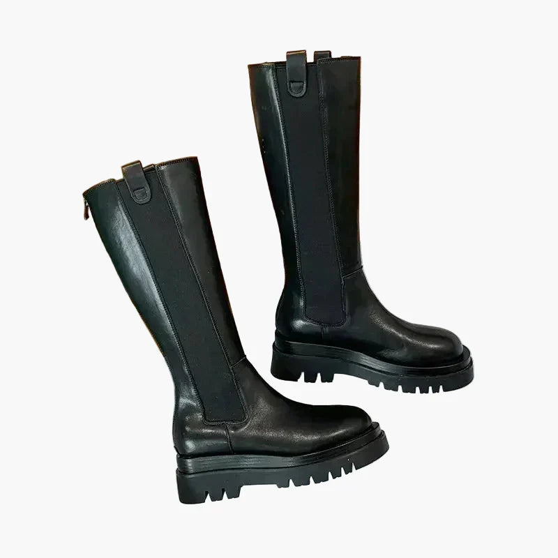 Vreni Schwarz Kniehohe Leder-Optik Plateau-Stiefel für Damen | Chunky-Sohle Stretcheinsatz Herbst Winter - EU 35-41
