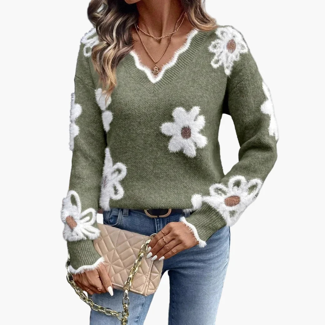 Beatrix Armeegrün Geblümter Strickpullover mit V-Ausschnitt für Damen | Casual Blumenmuster Freizeit - S/M/L/XL/2XL