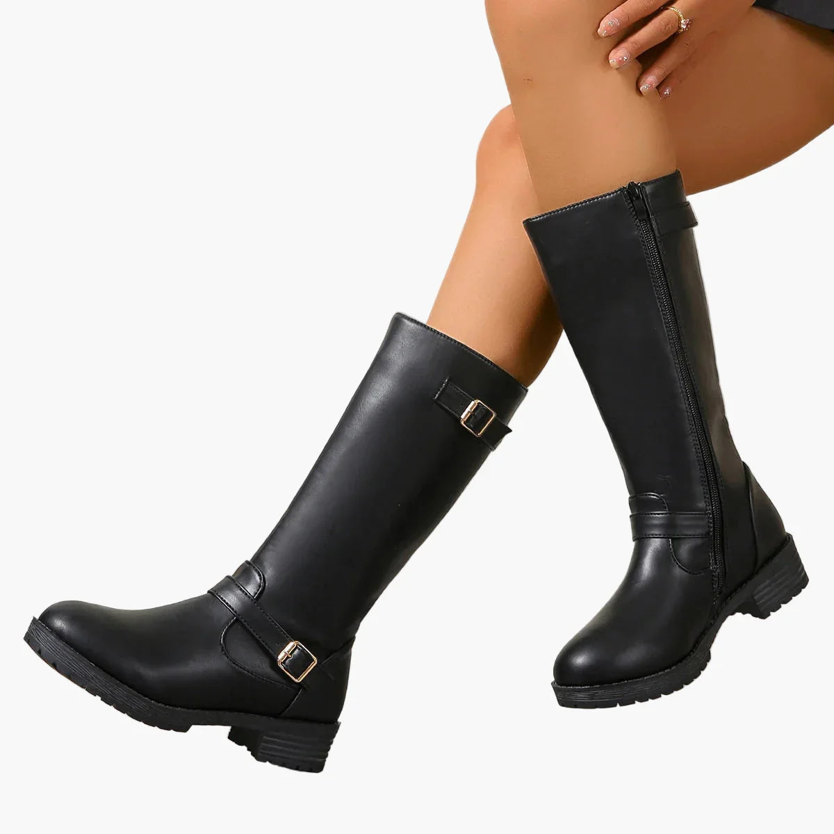 Ursula Schwarz Kniehohe Stiefel mit Schnalle für Damen | Leder-Optik Blockabsatz Reitstiefel-Look - EU 35-43