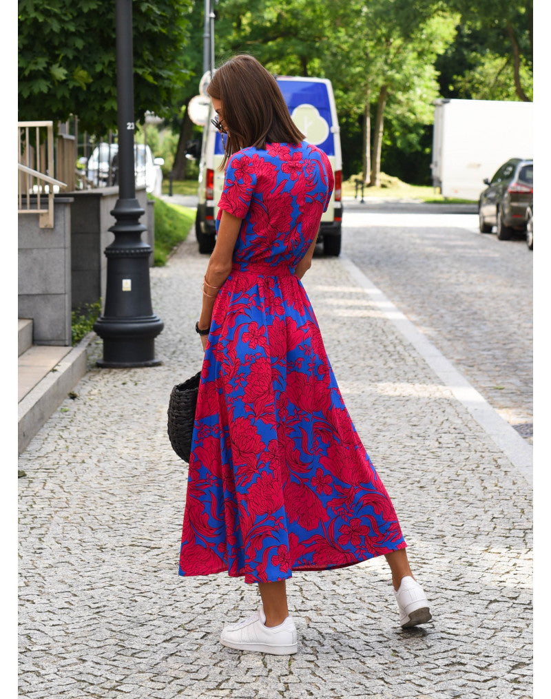Monika Rot/Blau Florales Wickel-Maxikleid für Damen | Femininer Wickelschnitt | Sommer & Alltag - S/M/L/XL/2XL