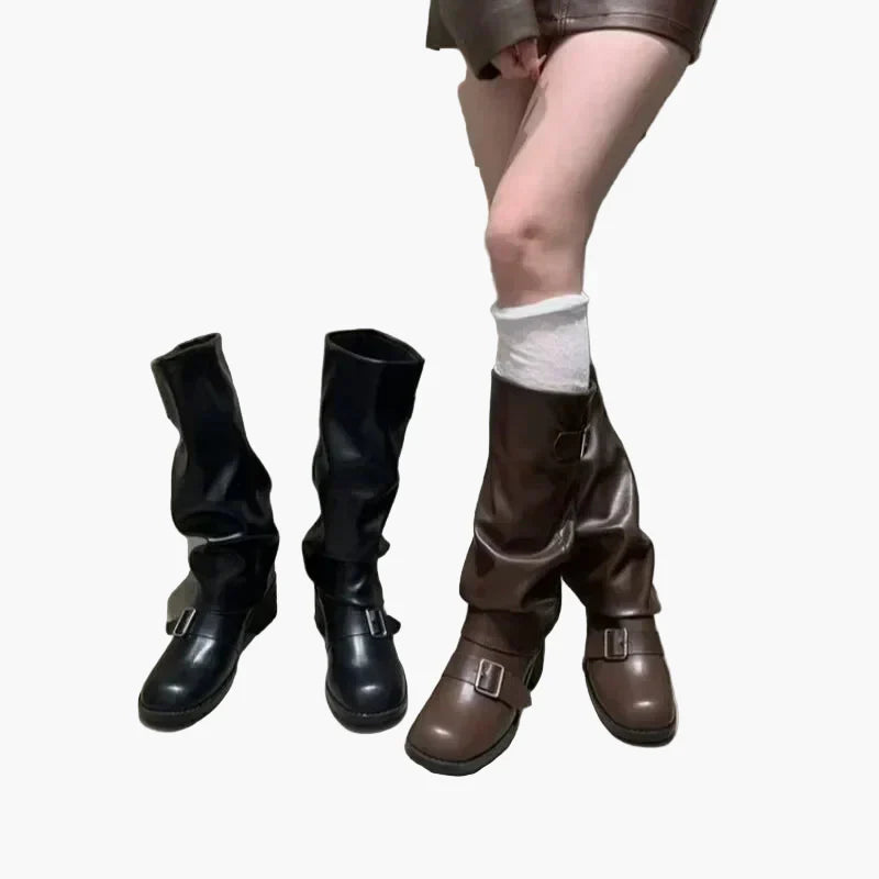 Vreni Schwarz Slouchy Kniehohe Stiefel mit Schnallen für Damen | Leder-Optik Blockabsatz Herbst - EU 35-40