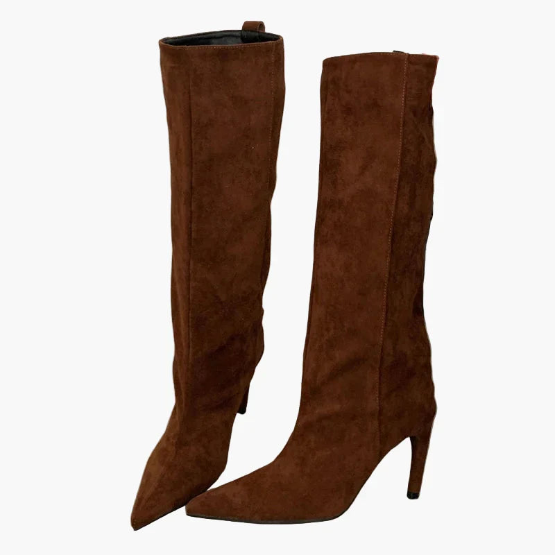 Rosemarie Aprikose Kniehohe Slouchy Stiefel in Veloursleder-Optik für Damen | Stilettoabsatz Spitzer Zehenpart Herbst Winter - 35/36/37/38/39/40/41/42