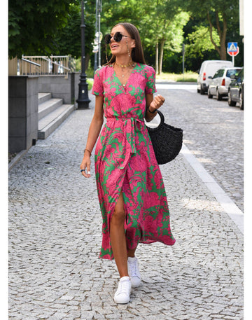 Monika Rot/Blau Florales Wickel-Maxikleid für Damen | Femininer Wickelschnitt | Sommer & Alltag - S/M/L/XL/2XL