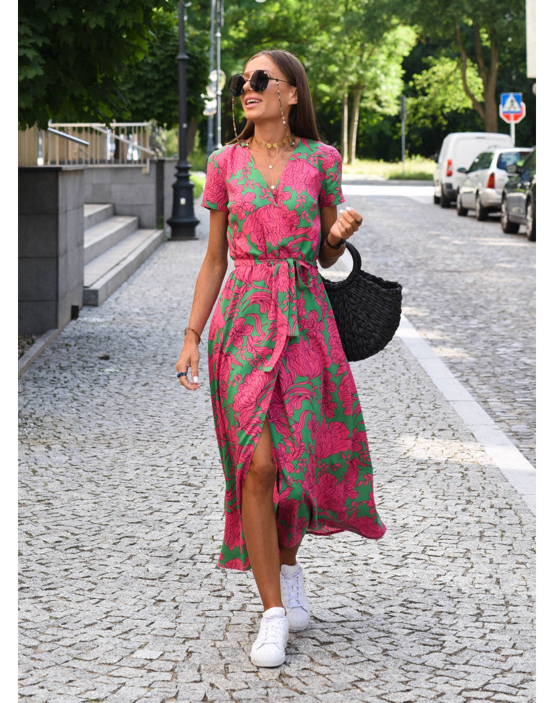 Monika Rot/Blau Florales Wickel-Maxikleid für Damen | Femininer Wickelschnitt | Sommer & Alltag - S/M/L/XL/2XL
