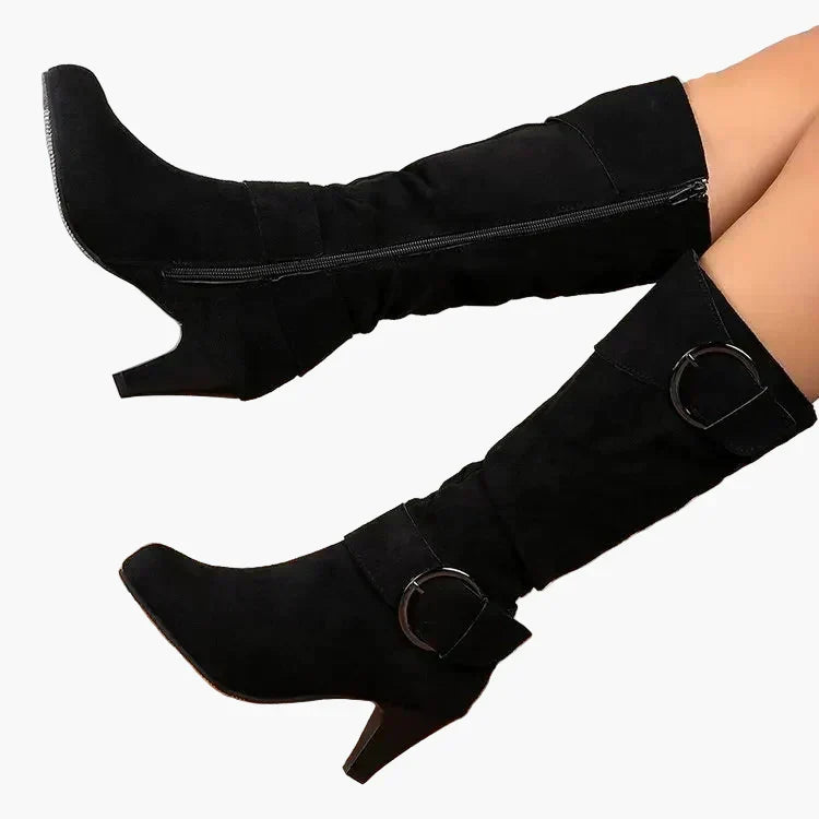 Monika Grau Kniehohe Stiefel für Damen in Veloursleder-Optik mit Schnalle | Herbst Casual - EU 36-43