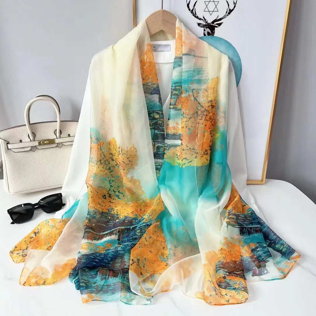 Ursula Mehrfarbig Bedruckter Chiffon-Schal für Damen | Leichter Halstuch mit Kunstdruck-Muster - Einheitsgrösse
