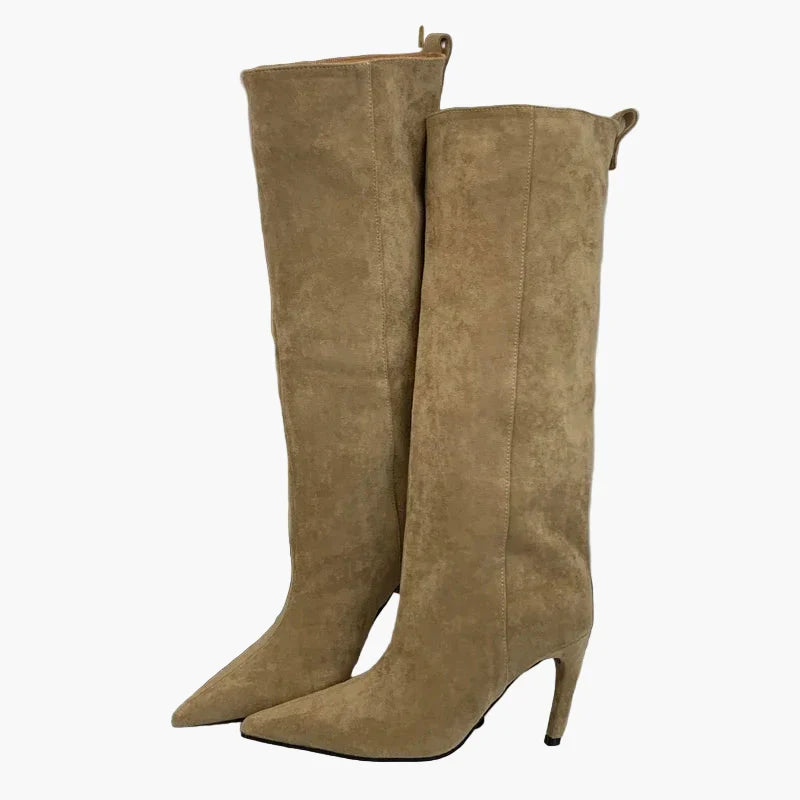 Rosemarie Aprikose Kniehohe Slouchy Stiefel in Veloursleder-Optik für Damen | Stilettoabsatz Spitzer Zehenpart Herbst Winter - 35/36/37/38/39/40/41/42