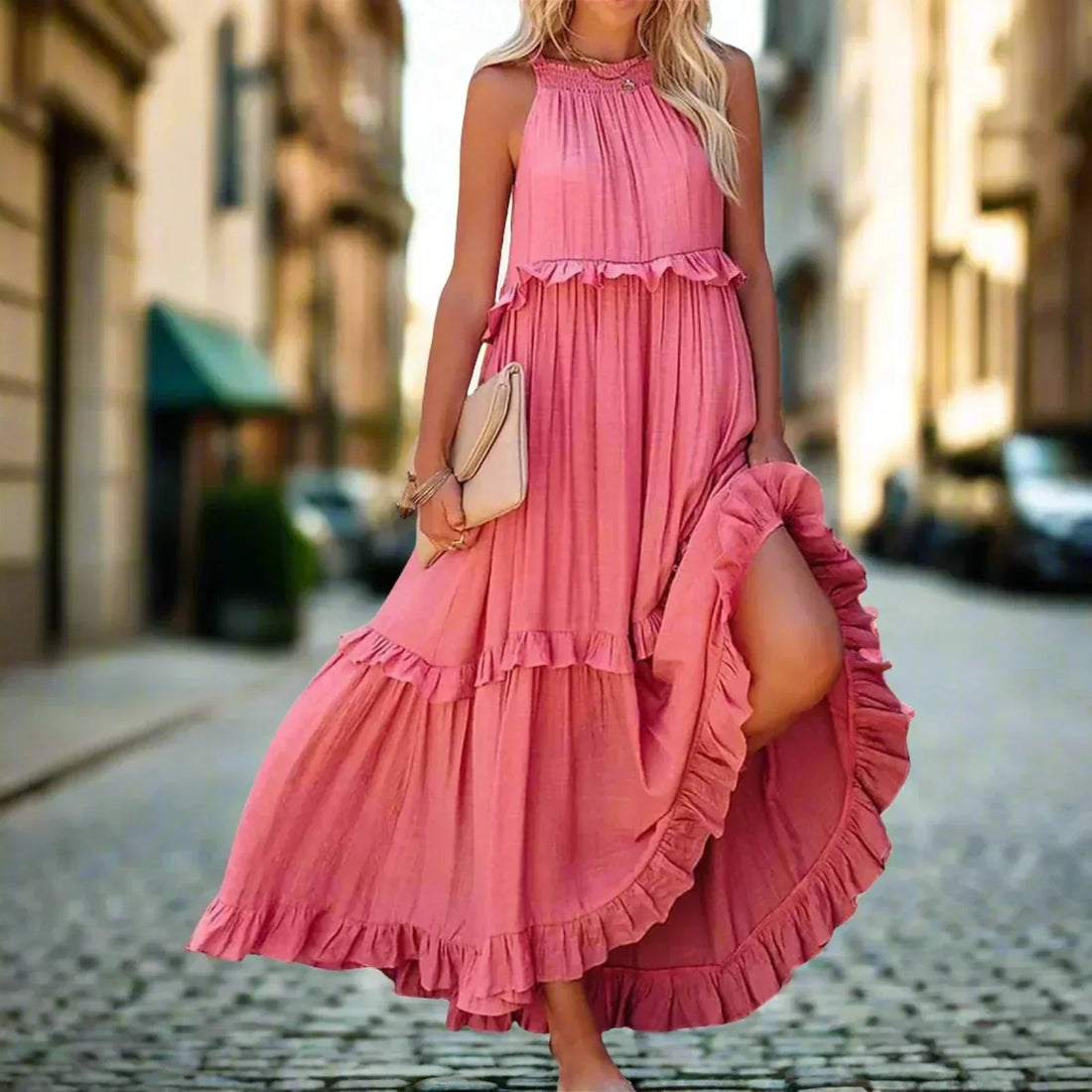 Monika Gelb-grün Ärmelloses Rüschen-Maxikleid für Damen | Fliessend Leicht | Sommer Strand - S/M/L/XL