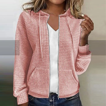 Vreni Rosa Waffelstruktur Kapuzenjacke mit Reissverschluss für Damen | Casual Alltag - S/M/L/XL/2XL