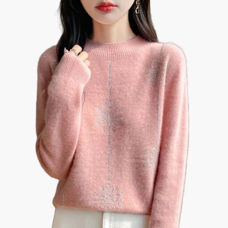 Annemarie Weiss Strass-Schneeflocken Strickpullover für Damen | Rundhalsausschnitt Winter Festlich - S/M/L/XL/2XL