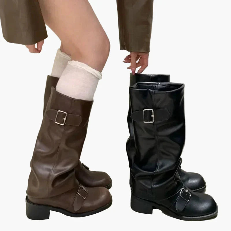 Vreni Schwarz Slouchy Kniehohe Stiefel mit Schnallen für Damen | Leder-Optik Blockabsatz Herbst - EU 35-40