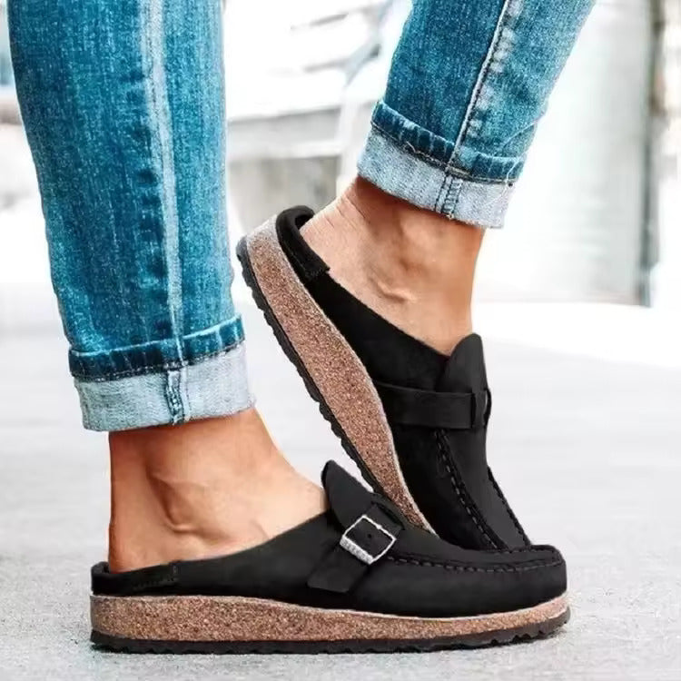 Walpurga Khaki Komfort-Slipper in Veloursleder-Optik für Damen | Schnalle Plateau Casual - EU 35-43