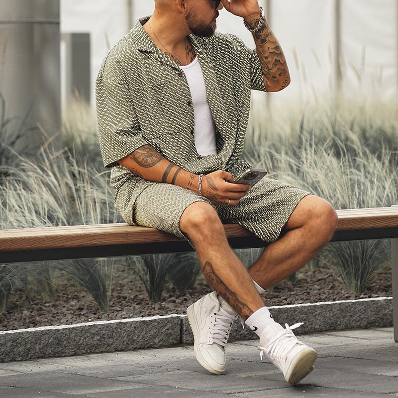 Werner Grau Kurzarm-Hemd und Shorts Set für Herren | Leichtes Relaxed Fit Sommer-Set | Vintage Textur-Muster - S/M/L/XL/2XL/3XL