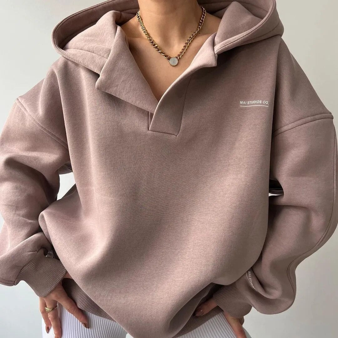 Vreni Rosé Oversized Hoodie mit Kapuze und V-Ausschnitt für Damen | Casual Alltag Winter - S/M/L/XL/2XL
