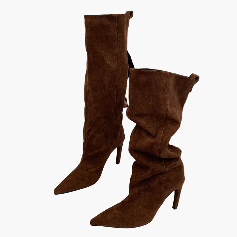Rosemarie Aprikose Kniehohe Slouchy Stiefel in Veloursleder-Optik für Damen | Stilettoabsatz Spitzer Zehenpart Herbst Winter - 35/36/37/38/39/40/41/42