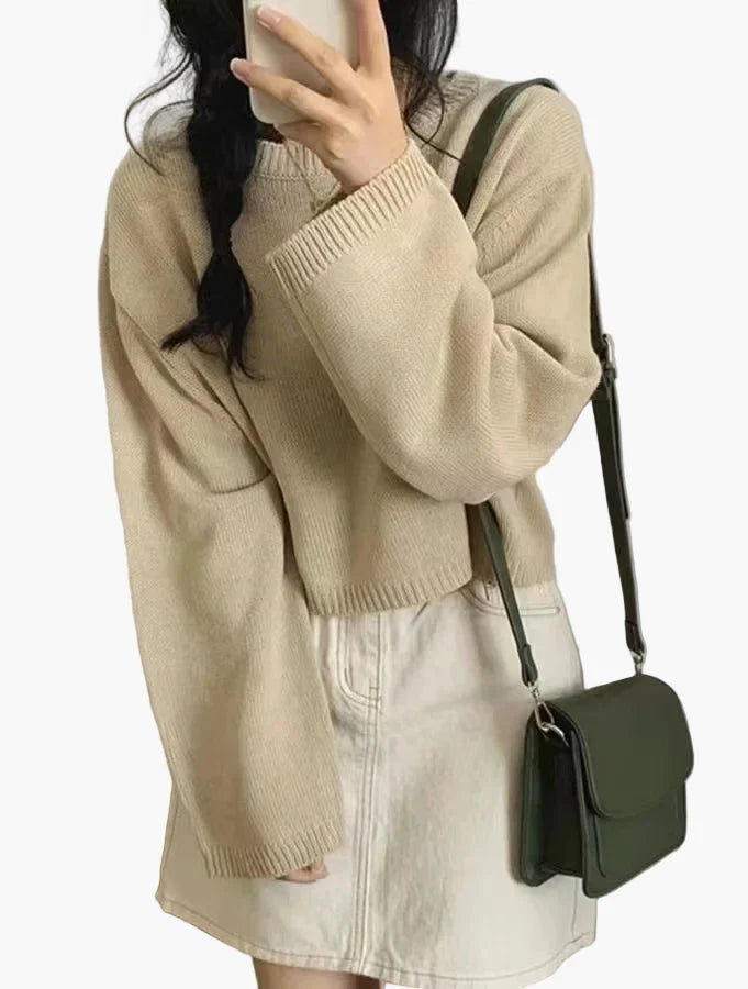 Beatrice Blau Oversized Cropped Strickpullover für Damen | Rundhalsausschnitt Casual Alltag - Einheitsgrösse