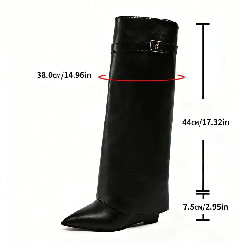 Margrit Schwarz Slouchy Kniehohe Stiefel in Leder-Optik für Damen | Spitze Zehenpartie Goldschnalle Herbst - EU 35-42