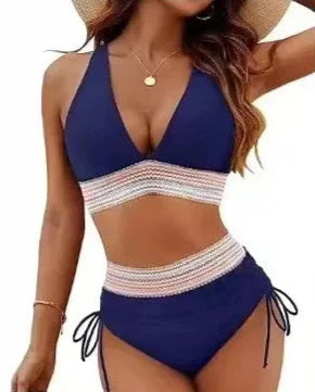 Annemarie Marine Blau Neckholder Hochtaille-Bikini für Damen | Figurbetonend Häkelband-Detail | Strand und Pool