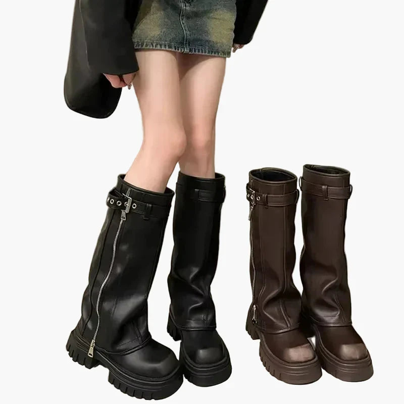 Heidi Schwarz Plateau Stiefel mit Reissverschluss für Damen | Leder-Optik Schnalle Urban Stil - EU 35/36/37/38/39/40