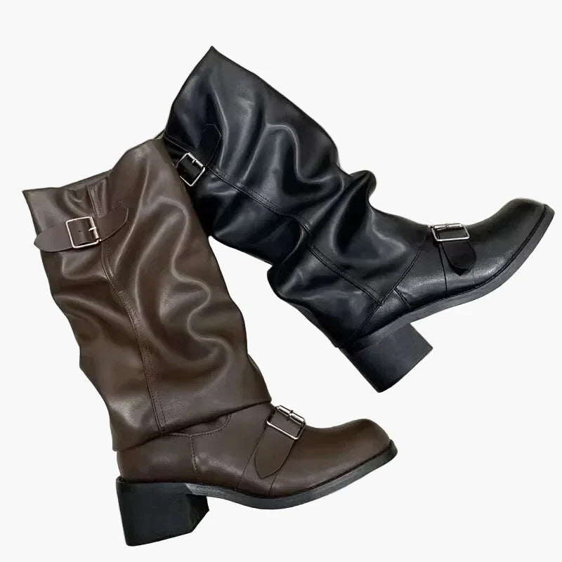 Vreni Schwarz Slouchy Kniehohe Stiefel mit Schnallen für Damen | Leder-Optik Blockabsatz Herbst - EU 35-40