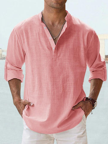 Heinz Hellblau Leinenhemd mit Stehkragen und Henley-Knopfleiste für Herren | Luftig Lässiger Stil - XS/S/M/L/XL/2XL/3XL/4XL