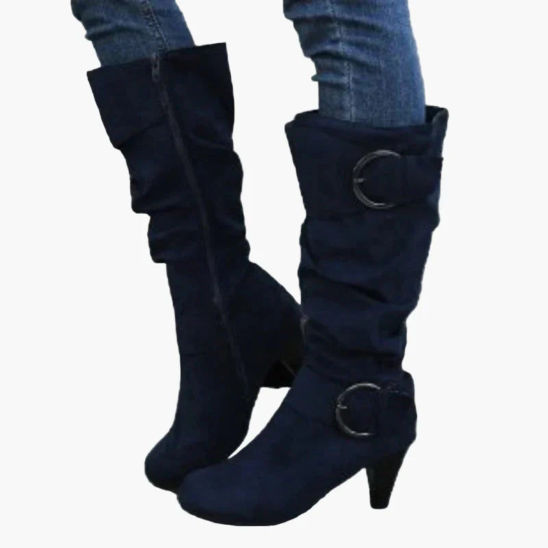 Monika Grau Kniehohe Stiefel für Damen in Veloursleder-Optik mit Schnalle | Herbst Casual - EU 36-43