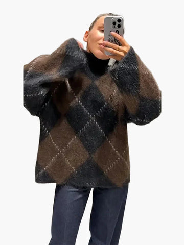 Monika Braun Oversized Argyle-Rautenmuster Flauschiger Pullover für Damen | Winter Casual Vintage Stil - S/M/L