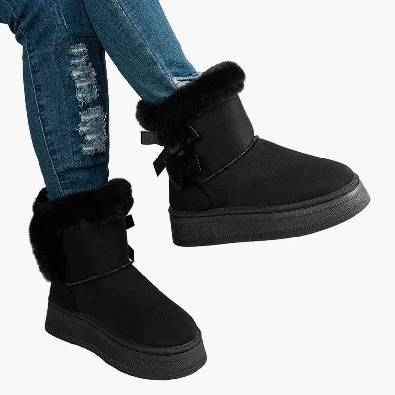 Annemarie Braun Veloursleder-Optik Kunstfell-Winterstiefel für Damen | Plateau Schleife Winter Casual - EU 36-44