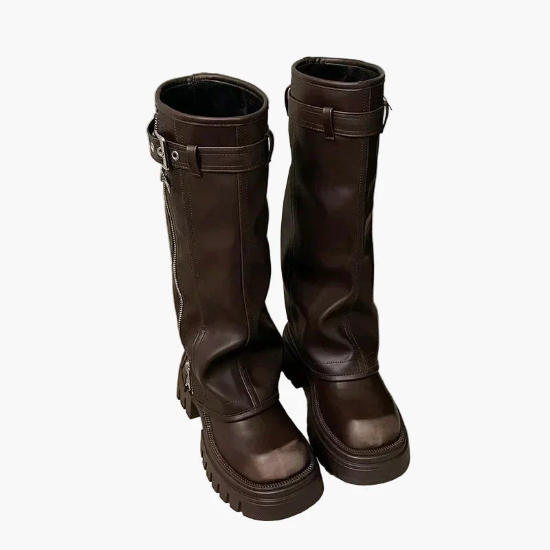 Heidi Schwarz Plateau Stiefel mit Reissverschluss für Damen | Leder-Optik Schnalle Urban Stil - EU 35/36/37/38/39/40
