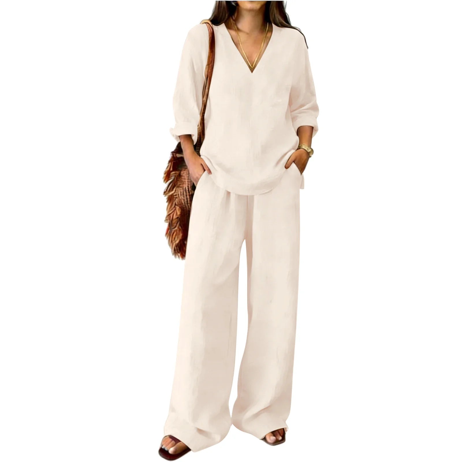 Susanne Khaki Leinen Zweiteiler V-Ausschnitt Tunika und Weithose für Damen | Eleganter Komfort | Sommerurlaub und Alltag - S-XXL