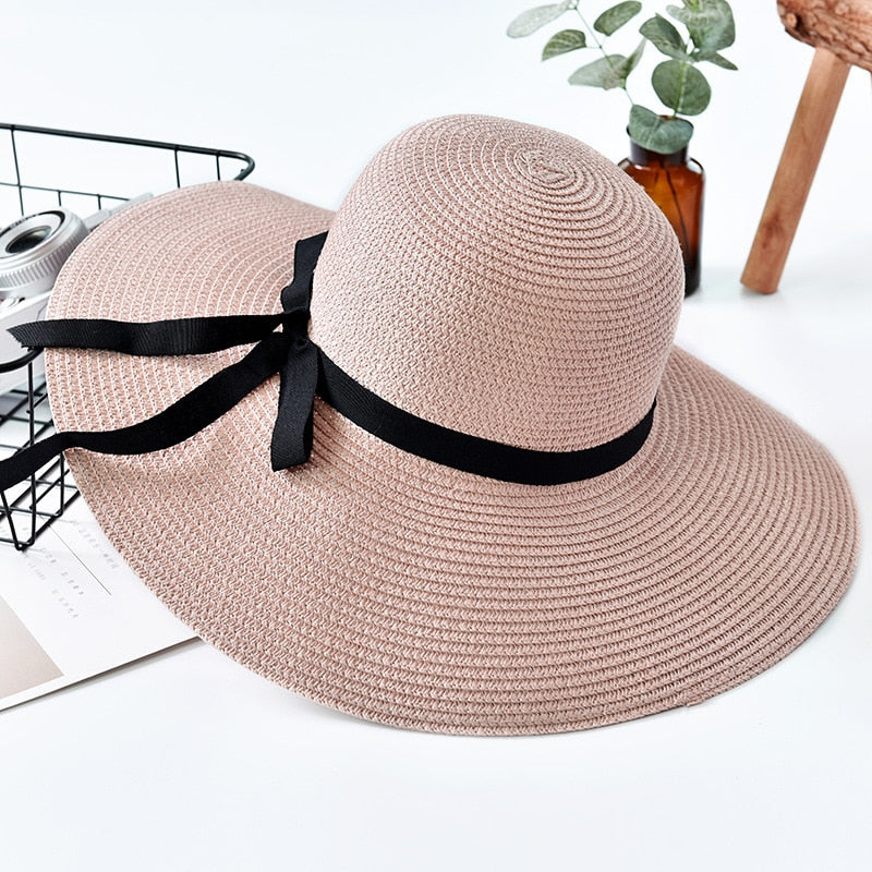 Yvonne Beige Geflochtener Sonnenhut mit Breiter Krempe für Damen | Sommerlicher Strandhut mit Schleifenband - Universell