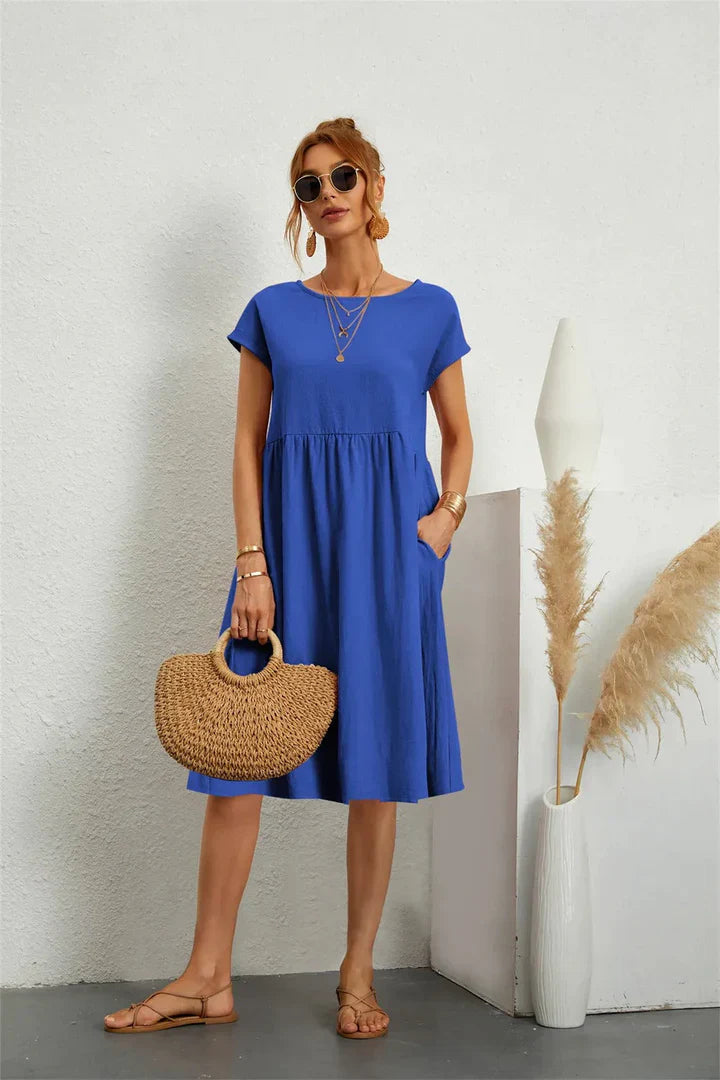 Monika Schwarz Kurzarm Kleid mit Rundhals und Taschen für Damen | Leichter Sommerkomfort | Alltag und Urlaub - S/M/L/XL/2XL