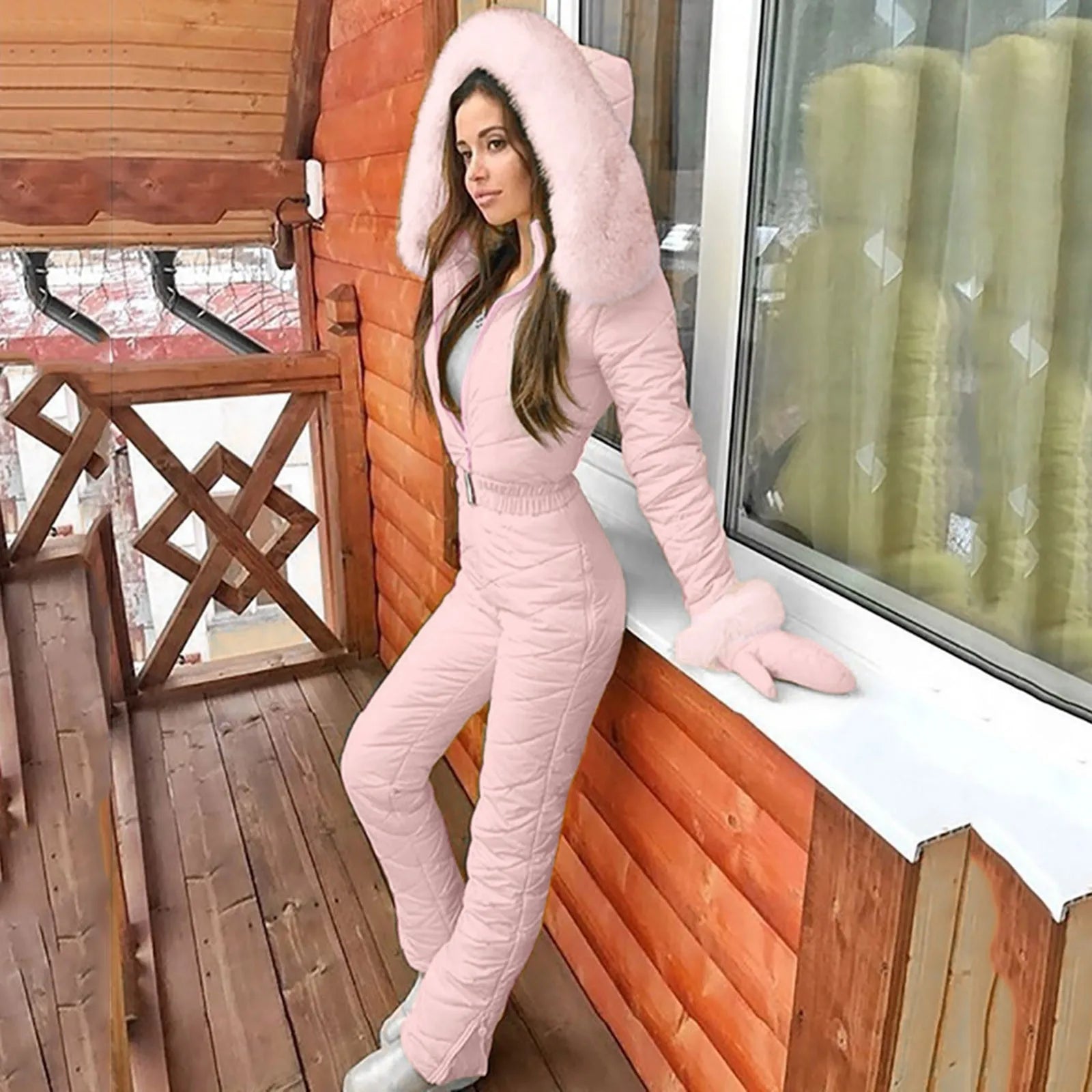 Käthe Gelb Gesteppter Winter-Jumpsuit mit Kapuze und Kunstfell für Damen | Einteilig mit Fäustlingen - S-5XL