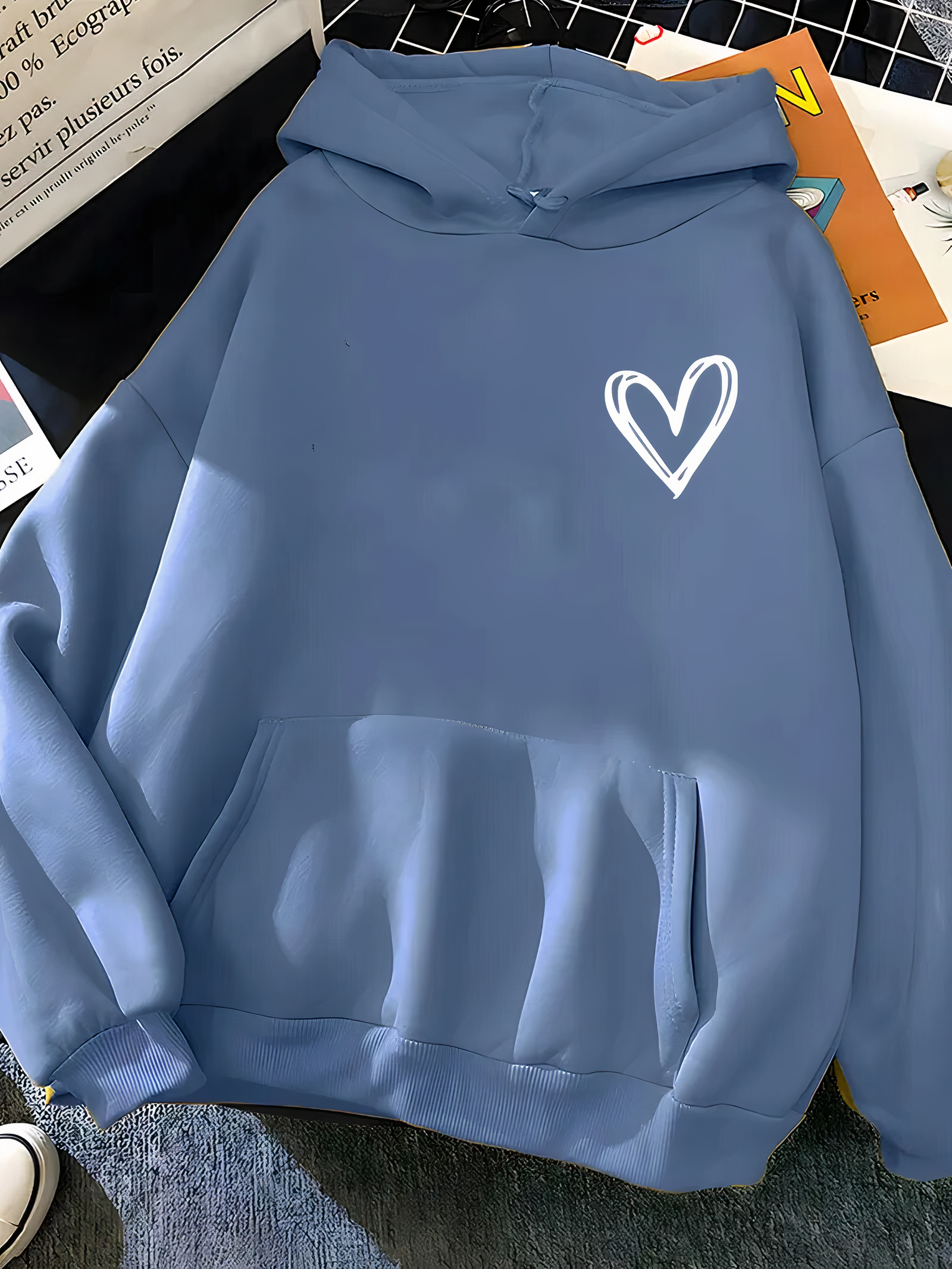 Rosemarie Blau Bedruckter Kapuzenpullover mit Herz für Damen | Casual Oversized Stil - S/M/L/XL/2XL/3XL