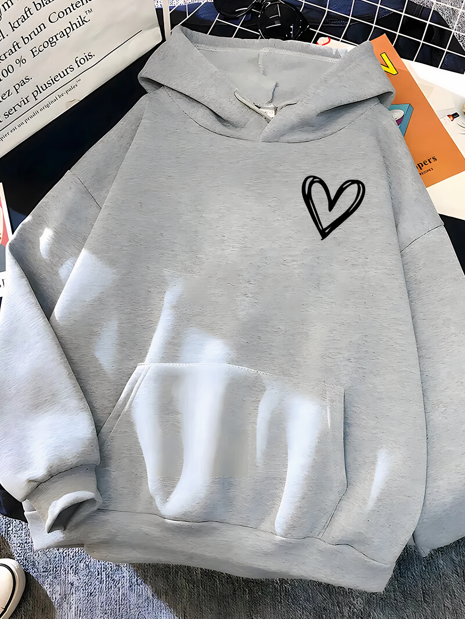 Rosemarie Blau Bedruckter Kapuzenpullover mit Herz für Damen | Casual Oversized Stil - S/M/L/XL/2XL/3XL