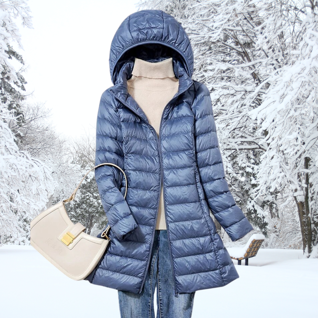 Beate Blau Leichte Longline Steppjacke mit Kapuze für Damen | Winter Casual - L/XL/2XL