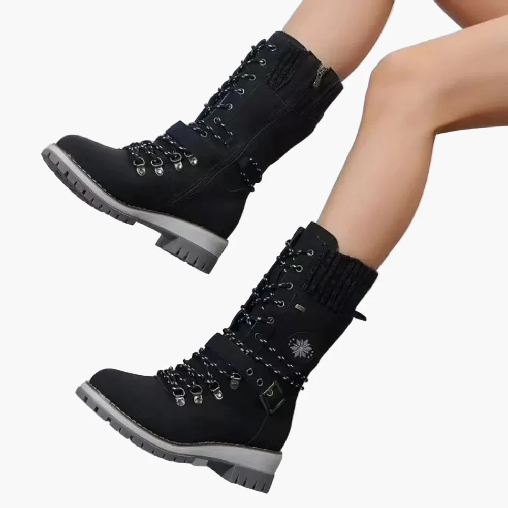 Elisabeth Grau Gefütterte Outdoor-Schnürstiefel für Damen | Warmfutter Profilsohle Strickabschluss Winter - EU 36-43